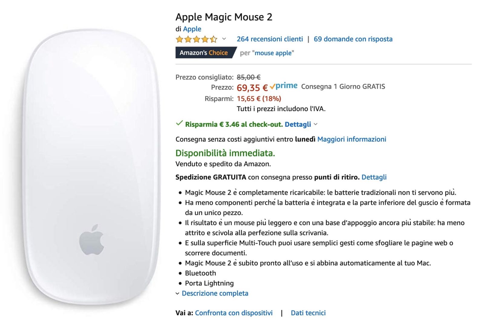 Magic Mouse 2 al prezzo più basso su Amazon: 65,88€