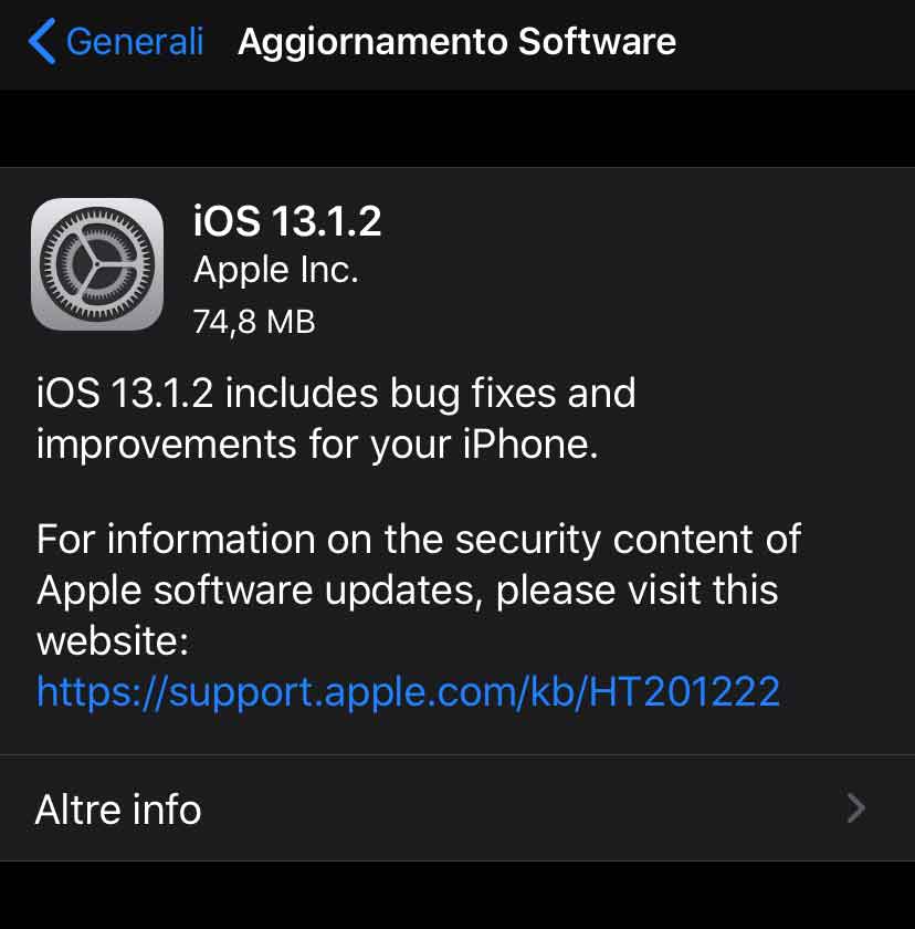 Disponibile aggiornmento a iOS 13.1.2 e iPadOS 13.1.2