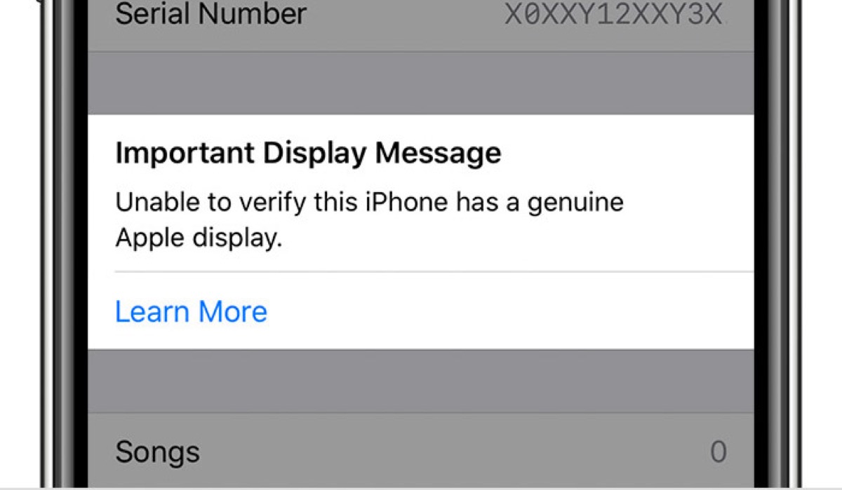 Una notifica sugli iPhone 11/Pro/Max riparati con uno schermo non originale