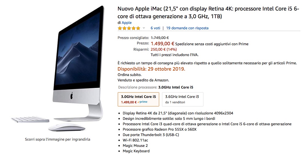 Con Amazon risparmiate 250€ su iMac 21,5″ 4K: 1499 euro