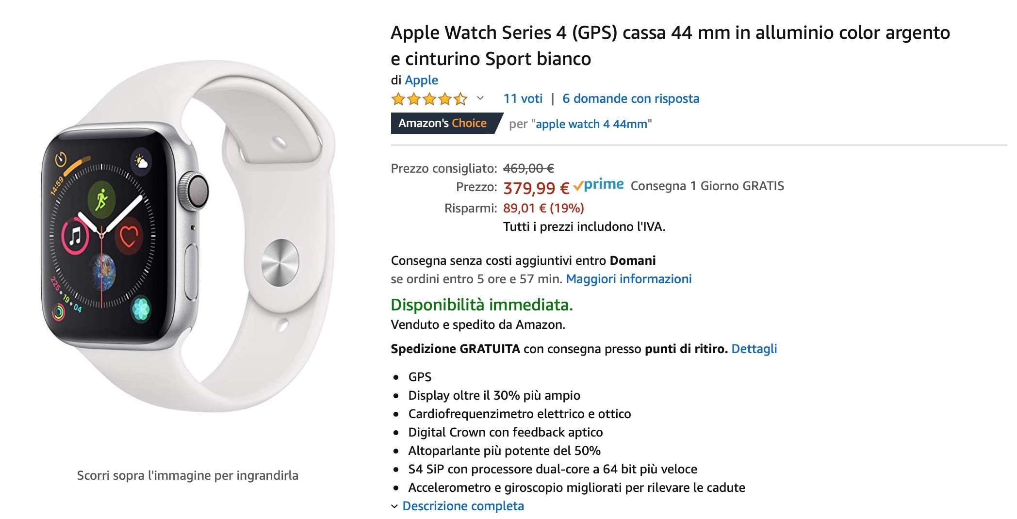 Apple Watch 4 GPS da 44 mm: solo 379,99  Euro