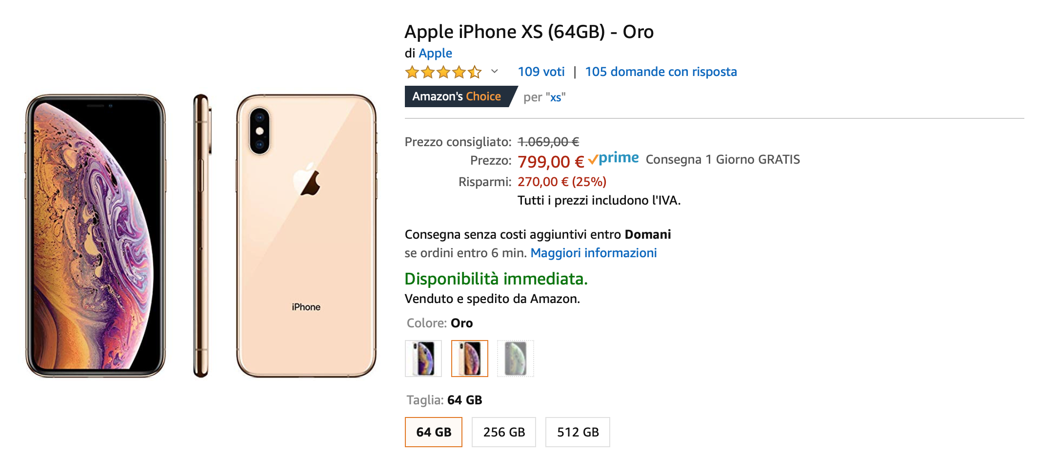 Su Amazon iPhone XS 64 GB scontato del 25%: solo 799 euro