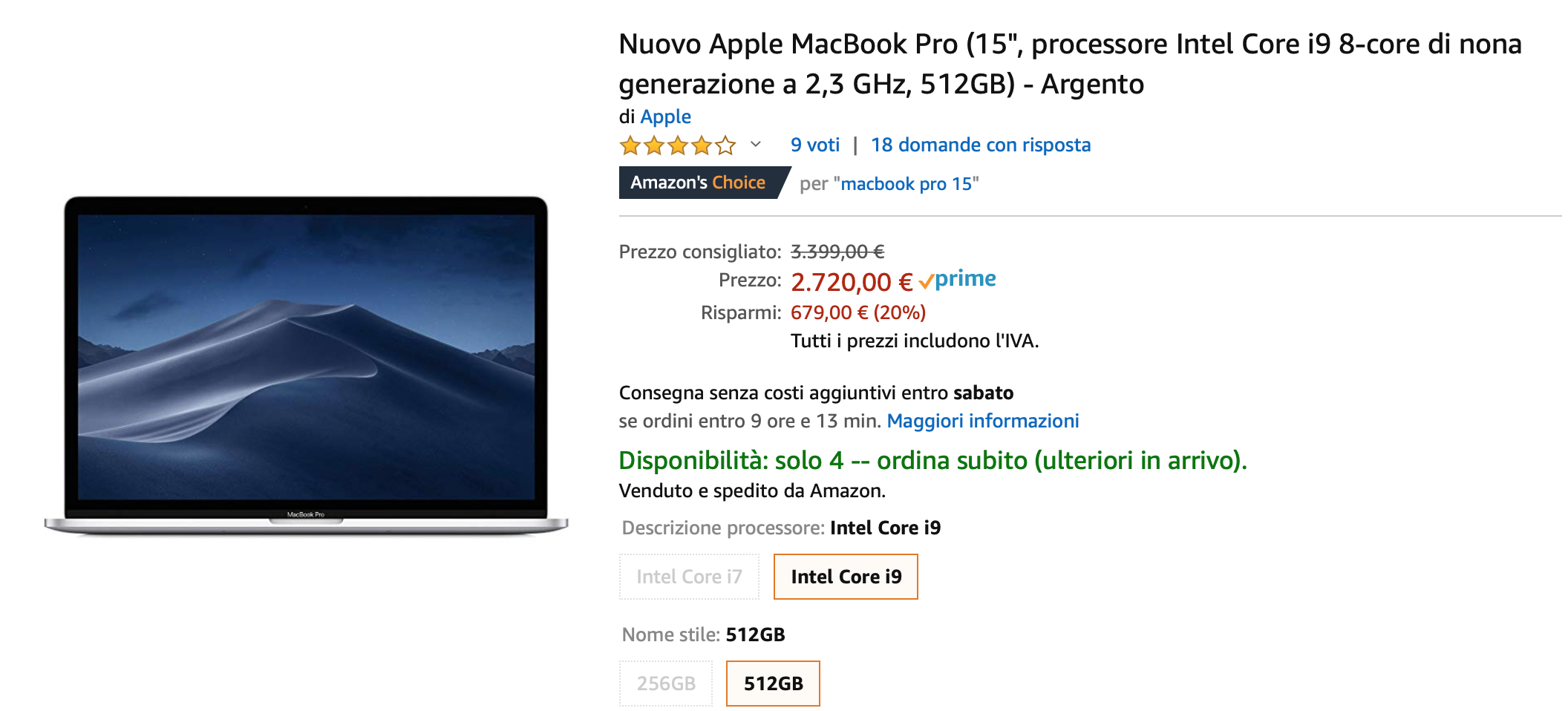 MacBook Pro 15″ 2.3 GHz scontato del 20% su Amazon