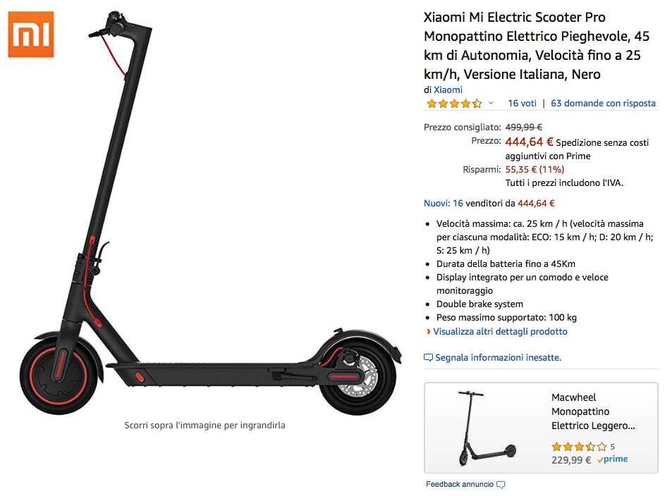In sconto sia Amazon Xiaomi Mi Scooter Pro, più potente e con più raggio; 445€