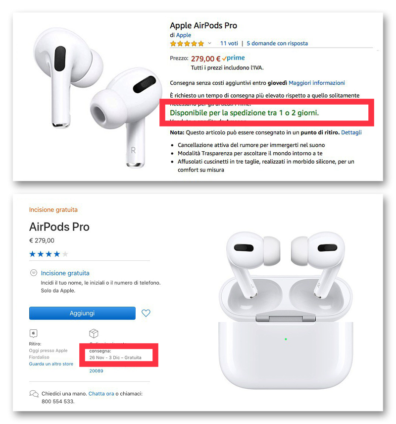 AirPods Pro, Amazon le spedisce subito, Apple tra 20 giorni