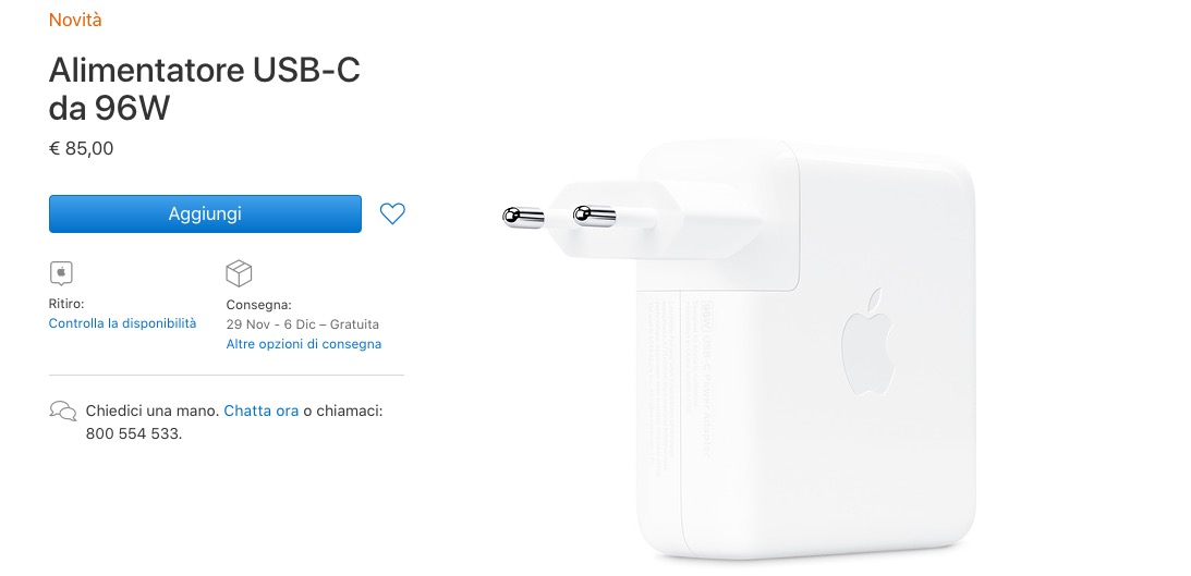 MacBook Pro da 16 pollici include un alimentatore USB-C da 96 W, separatamente euro costa 89 alimentatore Apple USB-C da 96W per macbook pro 16 pollici