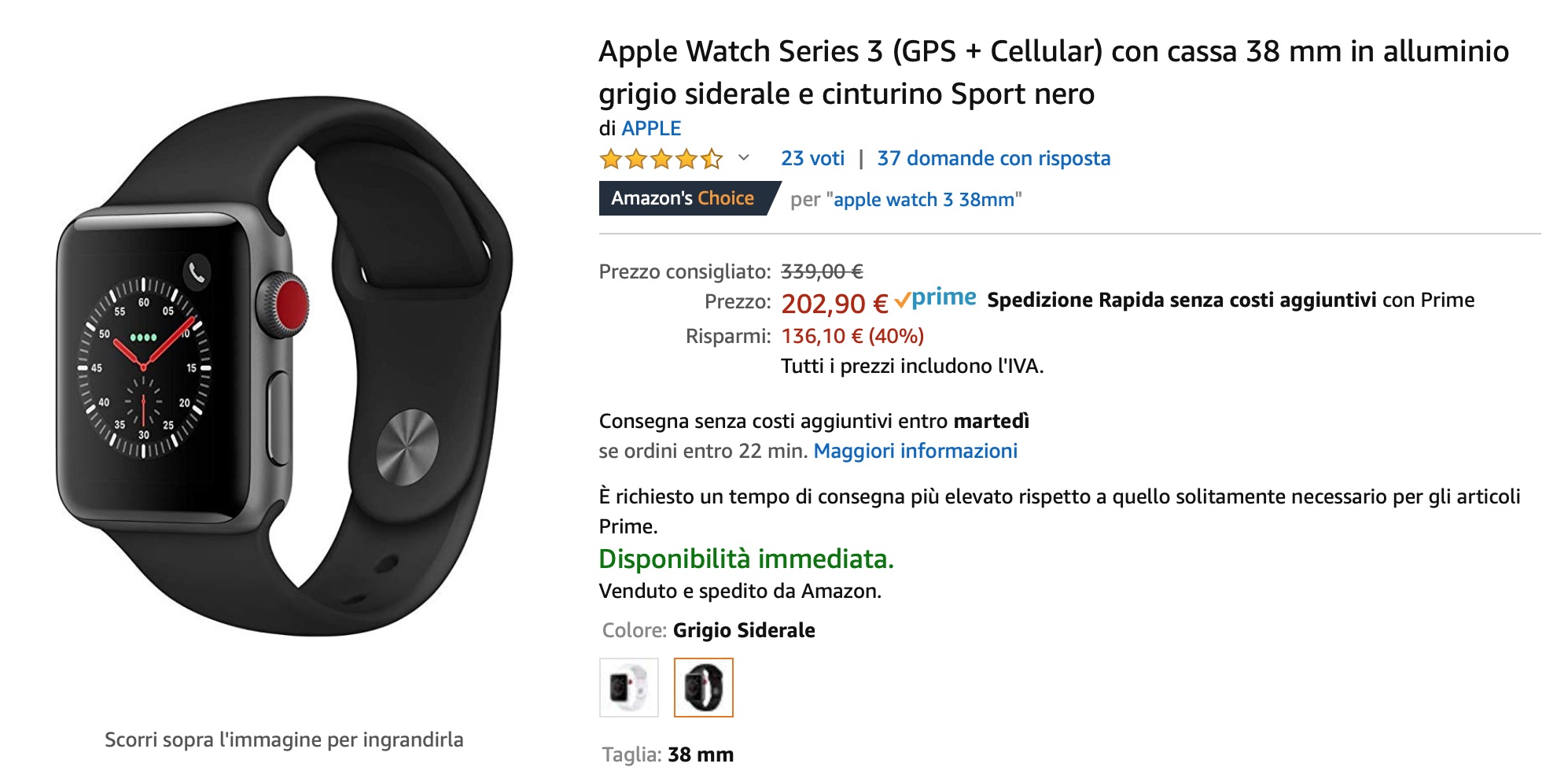 Prezzo pazzo: Apple Watch 3 GPS+ Cellular a 202 €