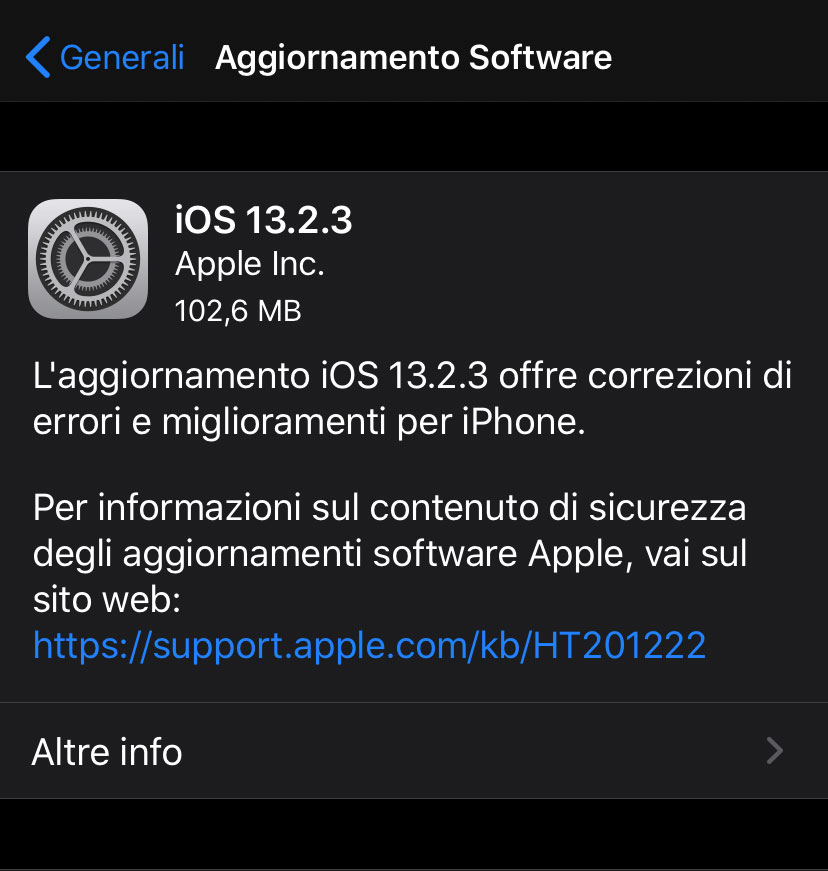 Disponibile aggiornamento a iOS 13.2.3 e iPadOS 13.2.3