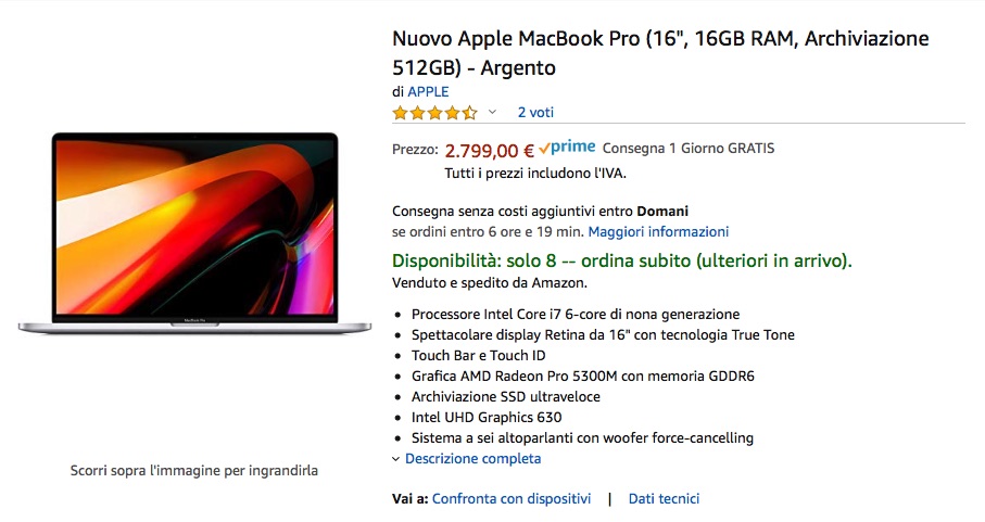 MacBook Pro 16″, Amazon ve lo consegna domani