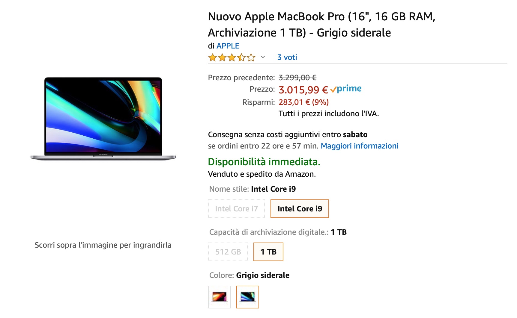 MacBook Pro 1 TB; solo 3015,99 € e pronta spedizione su Amazon