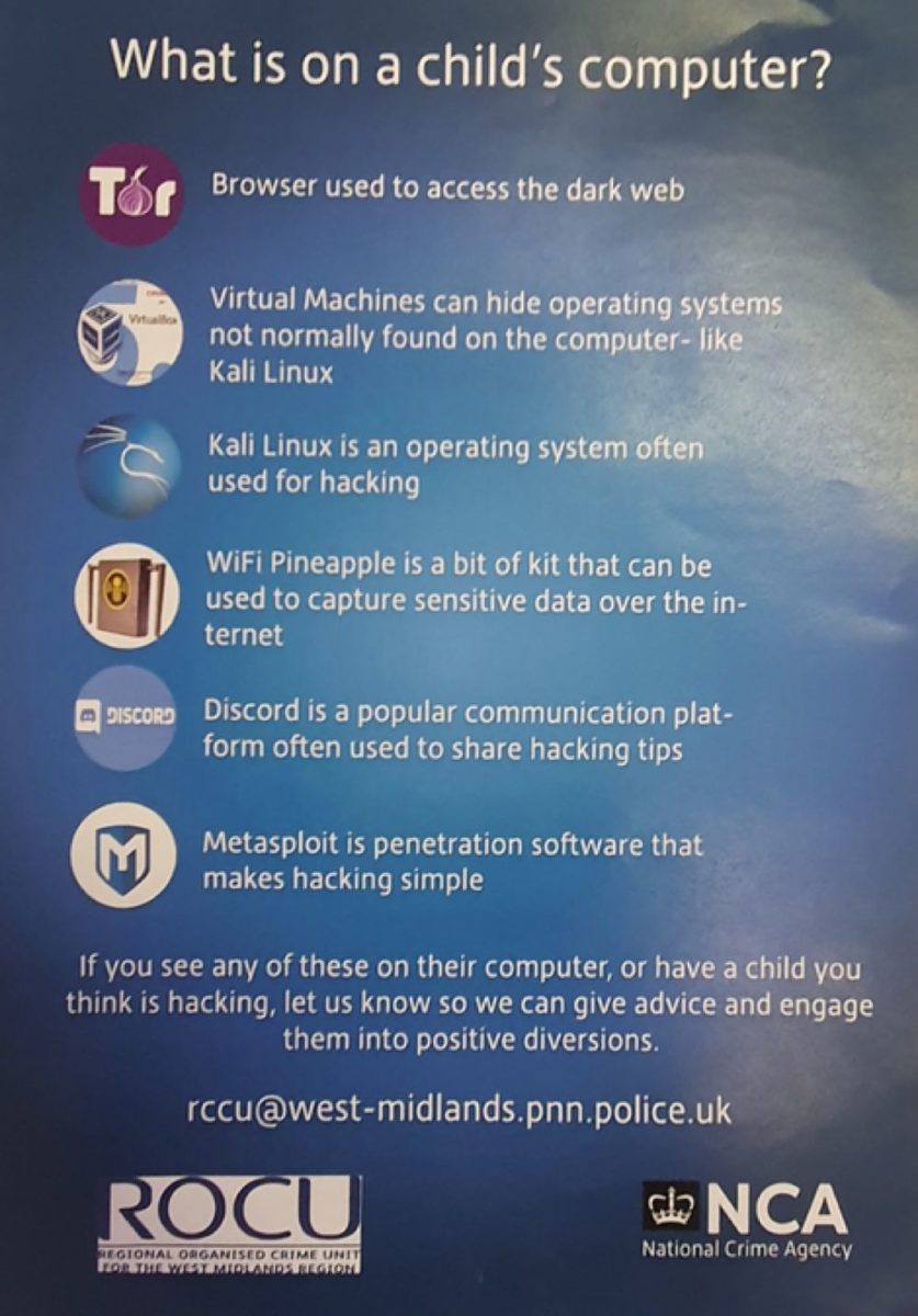 Un poster nel Regno Unito mette in guardia i genitori da Tor e Kali Linux