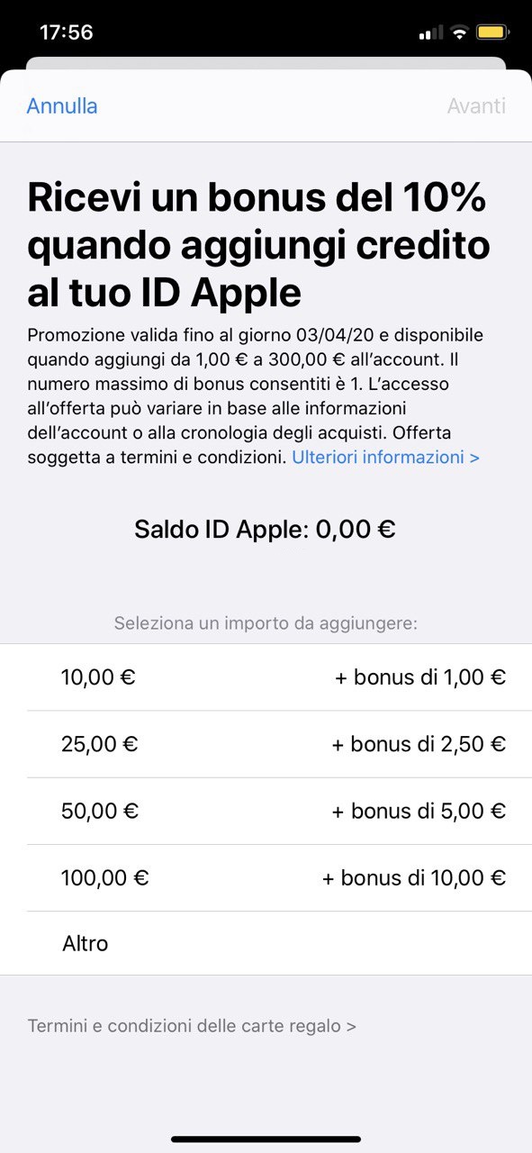 Apple regala un bonus del 10% aggiungendo credito all’account ID Apple Apple regala un bonus del 10% aggiungendo credito all’account ID Apple