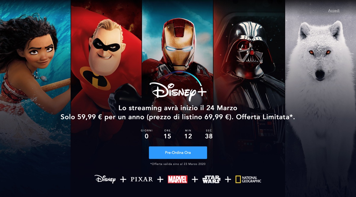 Disney+ arriva domani in Italia con qualità video limitata per coronavirus