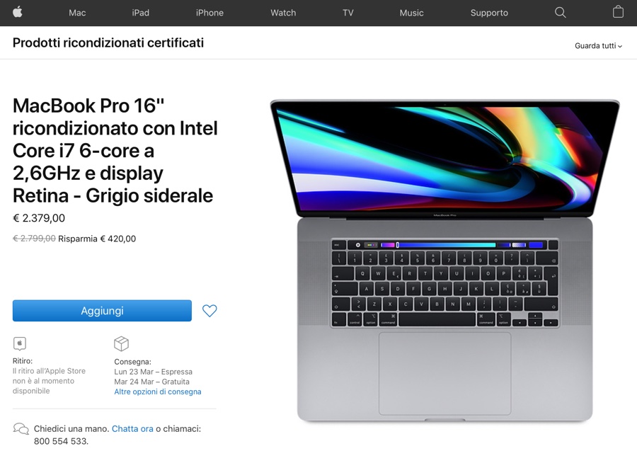 MacBook Pro 16” ricondizionato costa 420 euro meno su Apple Store online