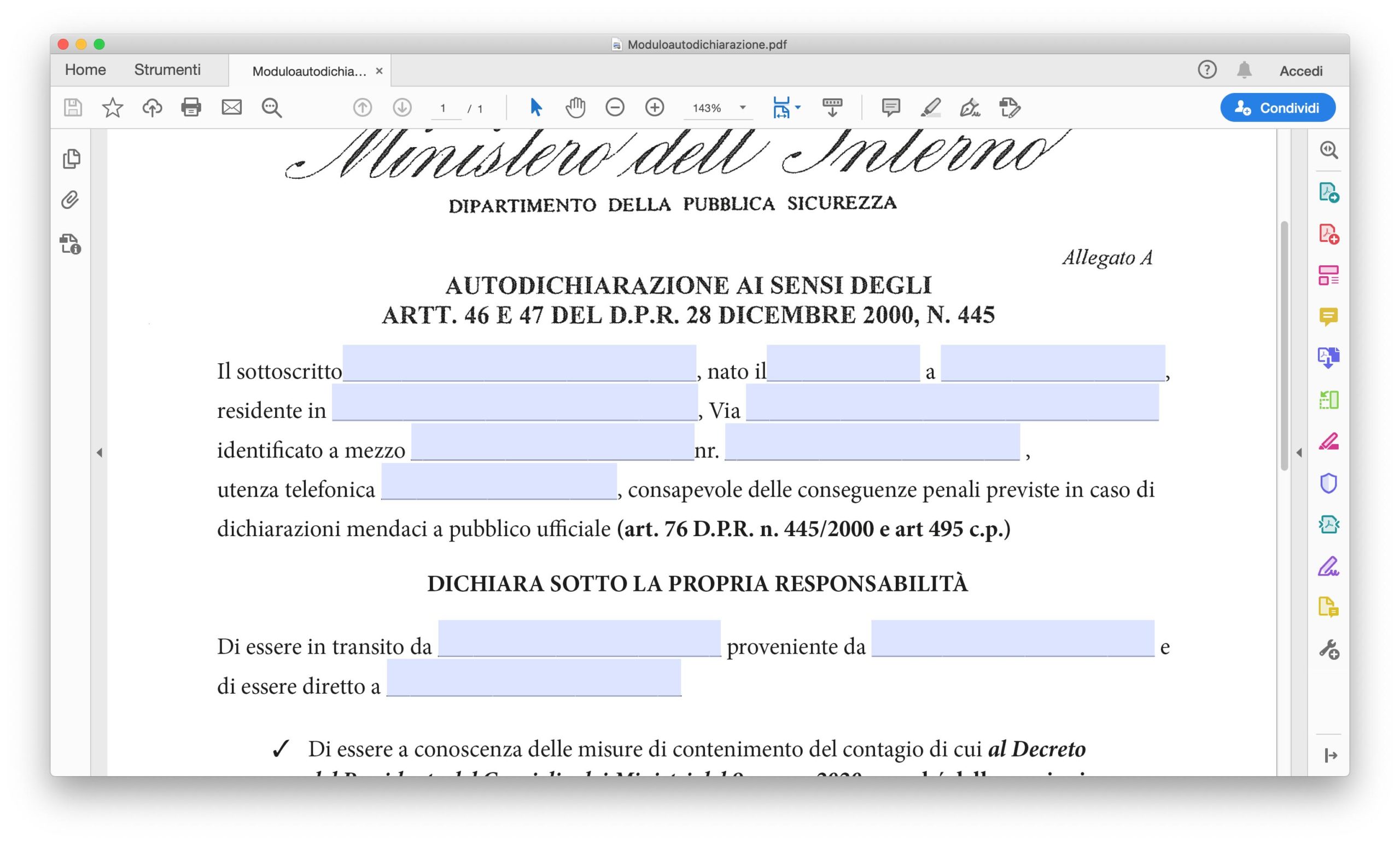 Autocertificazione per gli spostamenti coronavirus, ecco il modulo in PDF compilabile Modulo Autocertificazione per gli spostamenti