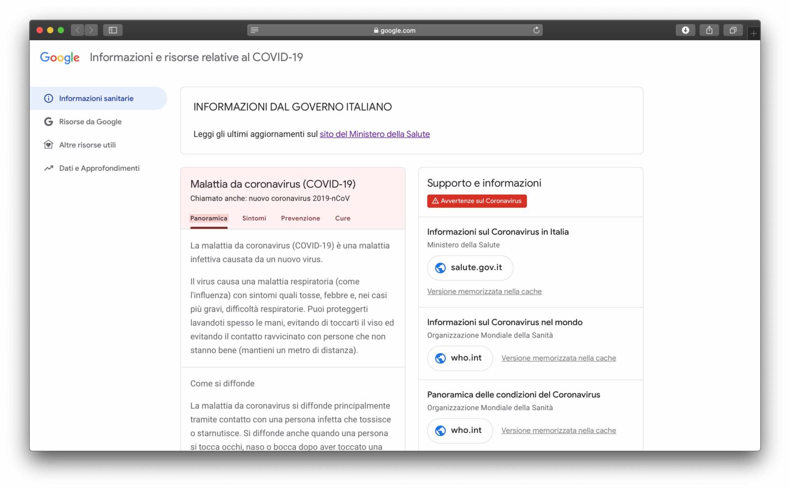 Google ha attivato il sito dedicato al coronavirus