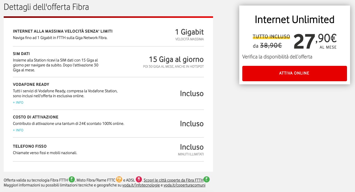 Offerta Vodafone Fibra: fino a fino ad 1 Gigabit in FTTH e Now TV gratis per 3 mesi a 27,90 euro