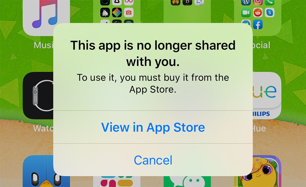 Alcuni utenti di iOS lamentano la comparsa del messaggio “Questa applicazione non è più condivisa con te”.
