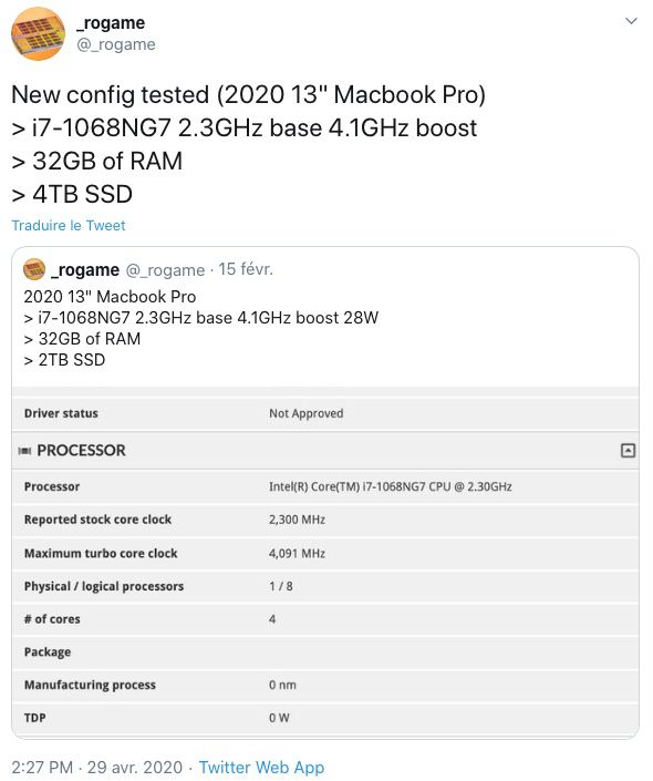 Un MacBook Pro 13″ con Core i7 di 10a generazione individuato in alcuni benchmark