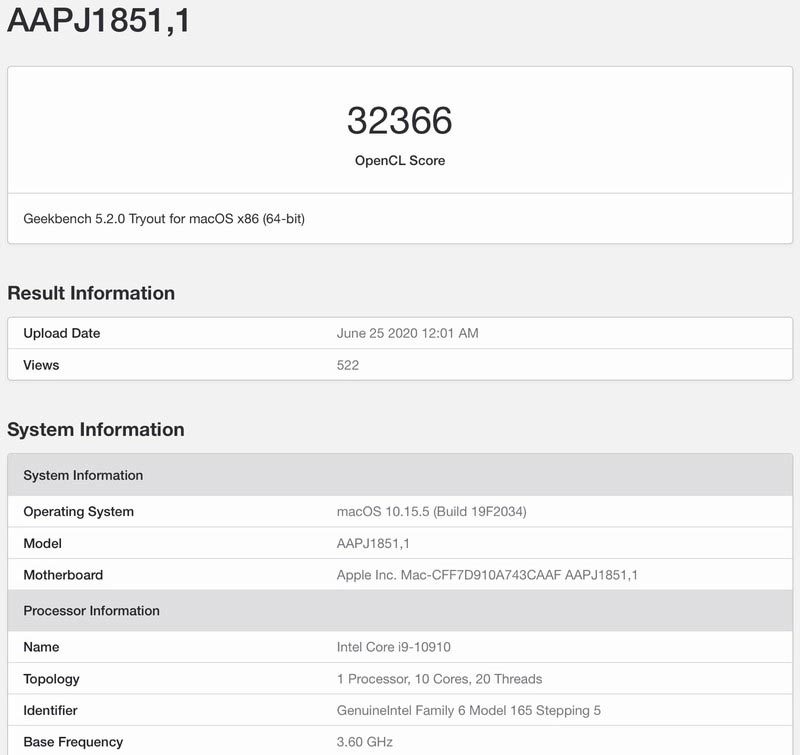 Su Geekbench il benchmark di un iMac con CPU Intel Comet Lake-S 10-Core e GPU Radeon Pro 5300