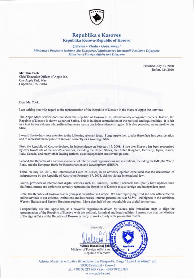 Il Kosovo chiede ad Apple di sistemare i suoi confini su Apple Maps
