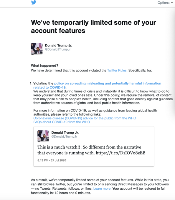 Twitter blocca Donald Trump Jr. per disinformazione sul COVID-19
