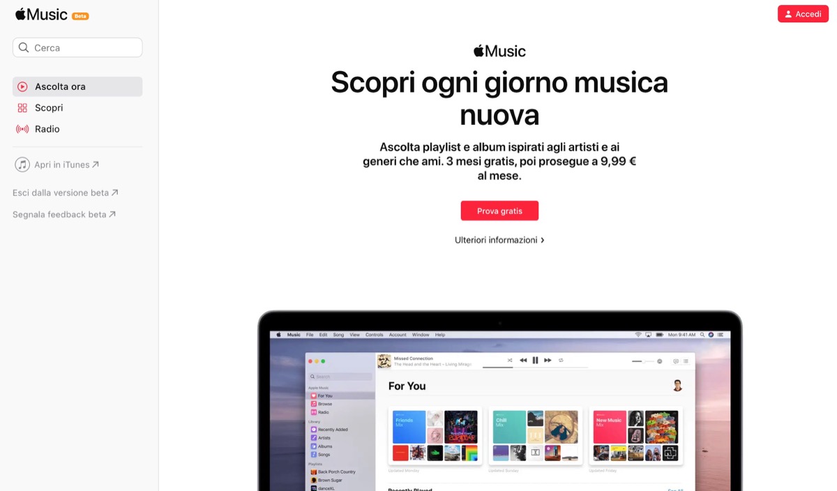 Nella versione web di Apple Music (beta) è arrivata la scheda Ascolta ora