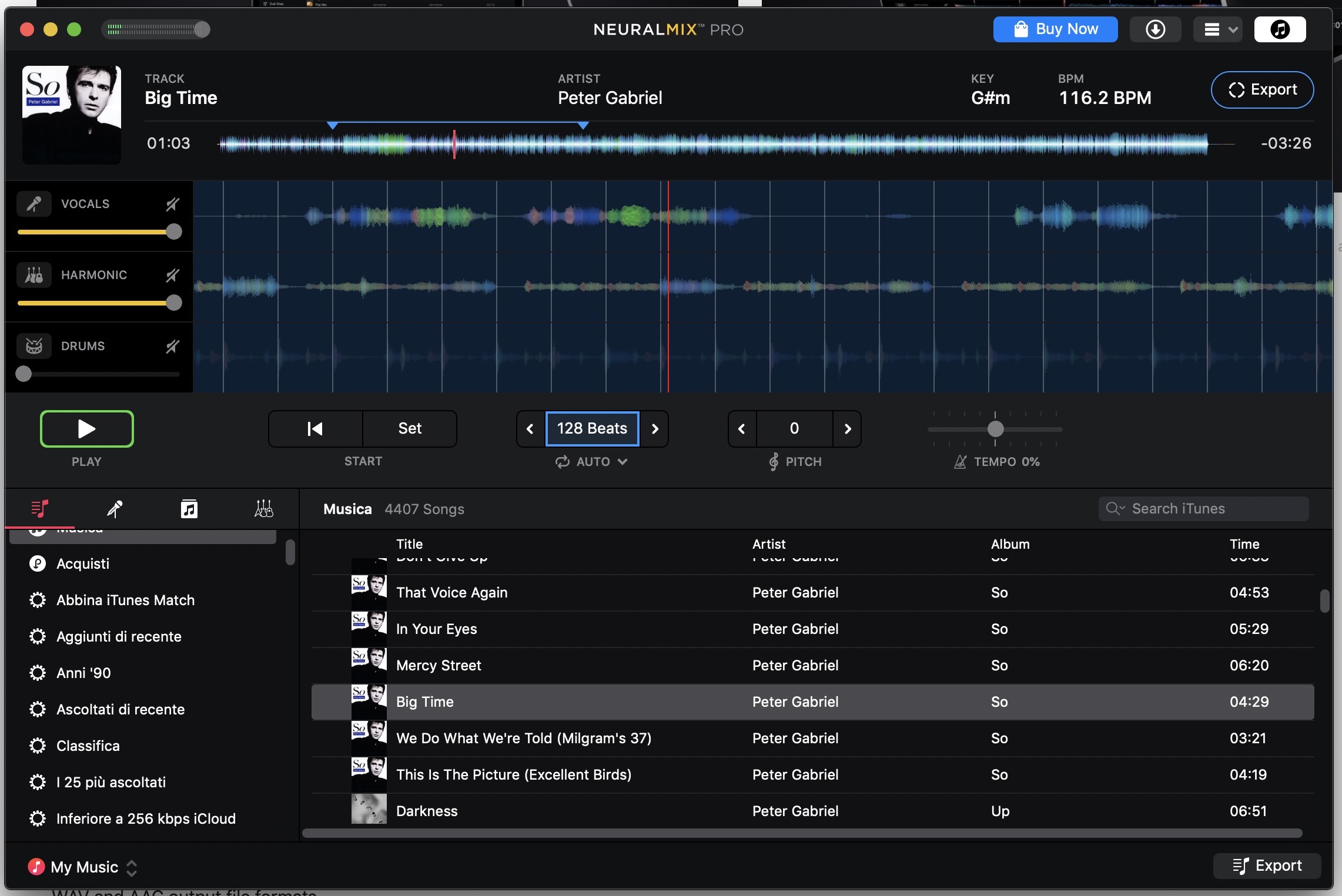NeuralMix PRO su Mac isola voce, parte ritmica armomica delle canzoni per loop, remix e karaoke