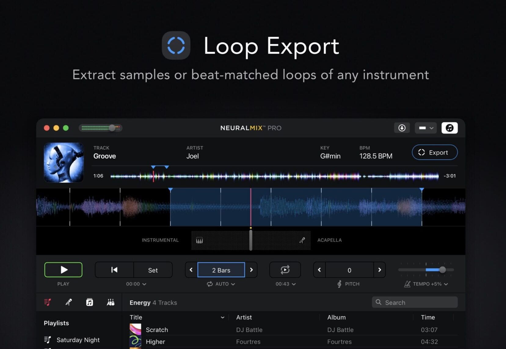 NeuralMix PRO su Mac isola voce, parte ritmica armomica delle canzoni per loop, remix e karaoke