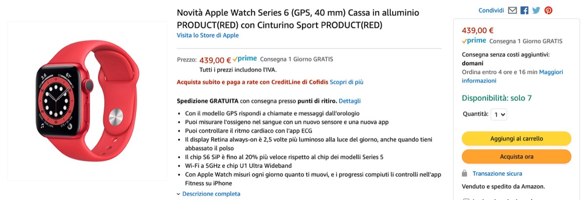 Apple Watch Serie 6 arriva in meno di 24 ore se lo comprate su Amazon