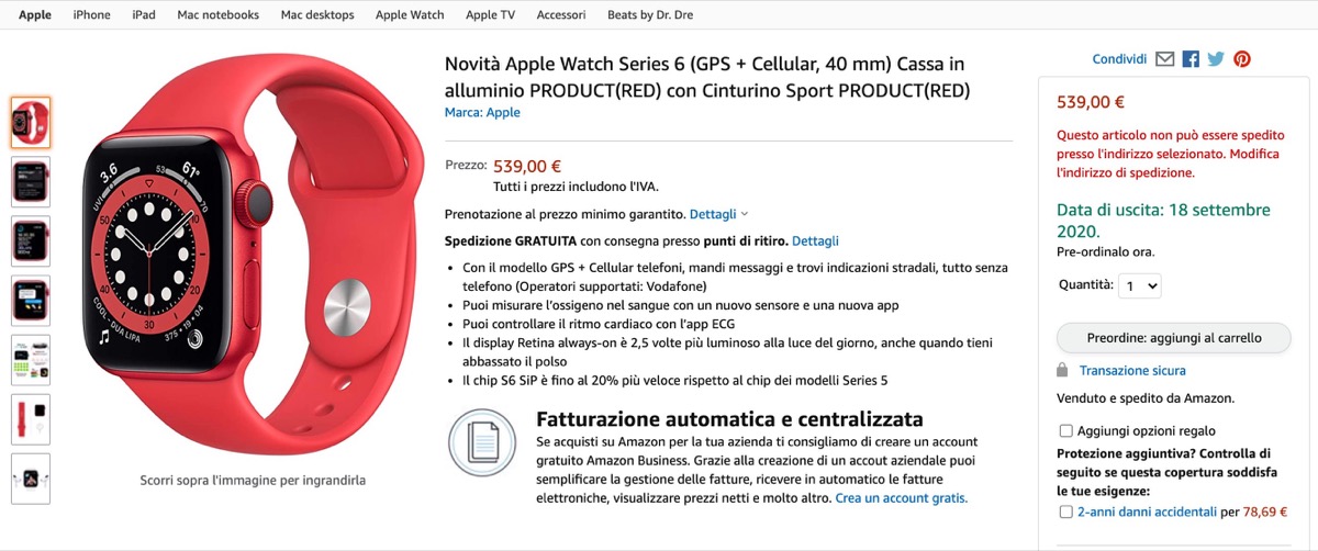 preordini applw atch su amazon