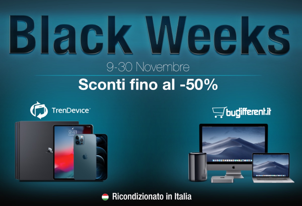 Sconti Black Weeks TrenDevice e BuyDifferent: fino al -50% su tutti i Ricondizionati. iPhone X da 389,90 €, iPhone 8 da 219,90 €