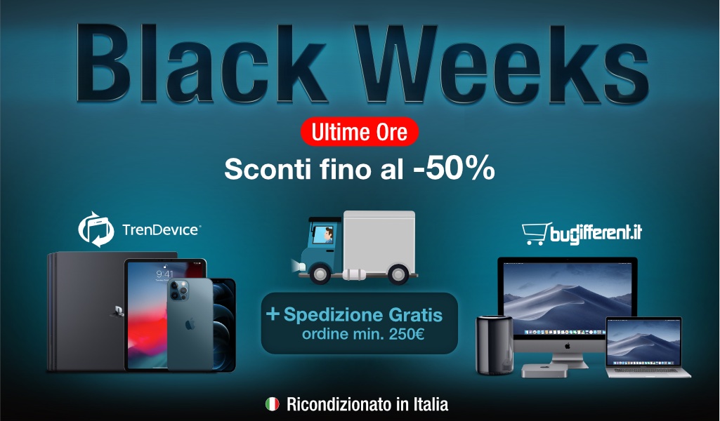 Ultime ore Black Weeks: iPhone e Mac scontati fino al -50% con spedizione gratis, su TrenDevice e BuyDifferent