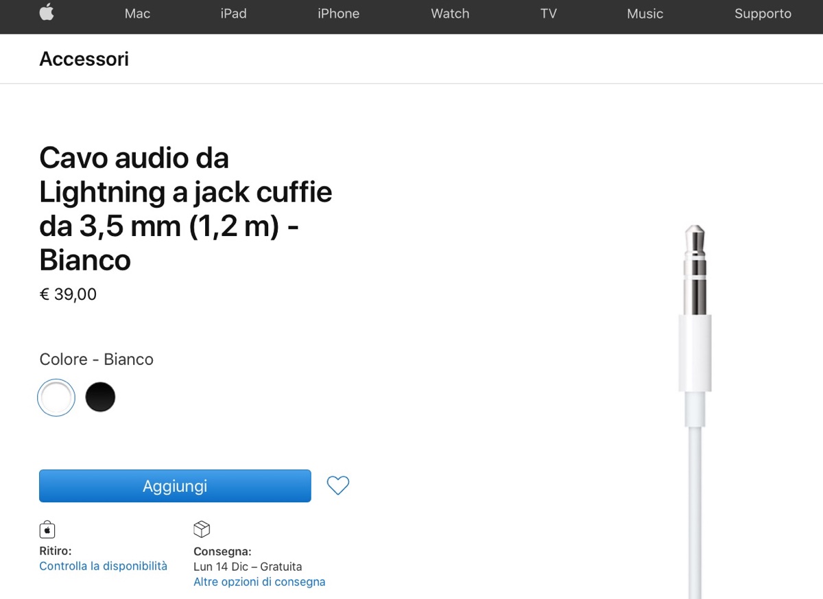 Apple vende il cavo audio con jack per AirPods Max