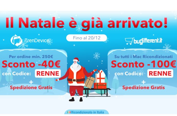 A Natale regala o regalati il meglio dell’Hi-Tech Ricondizionato con gli Sconti fino a -100€ e Spedizione Gratis su TrenDevice e BuyDifferent