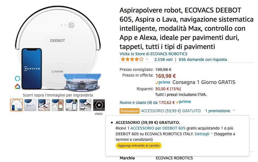 Coupon sconto su Ecovacs Deebot 605, robot che aspira e lava: 189,99 euro invece che 229,99