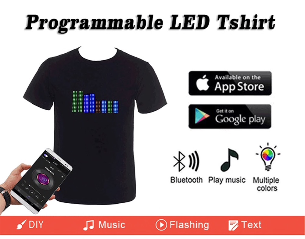 T-shirt luminosa grazie ai LED programmabili via smartphone a 28,11 euro