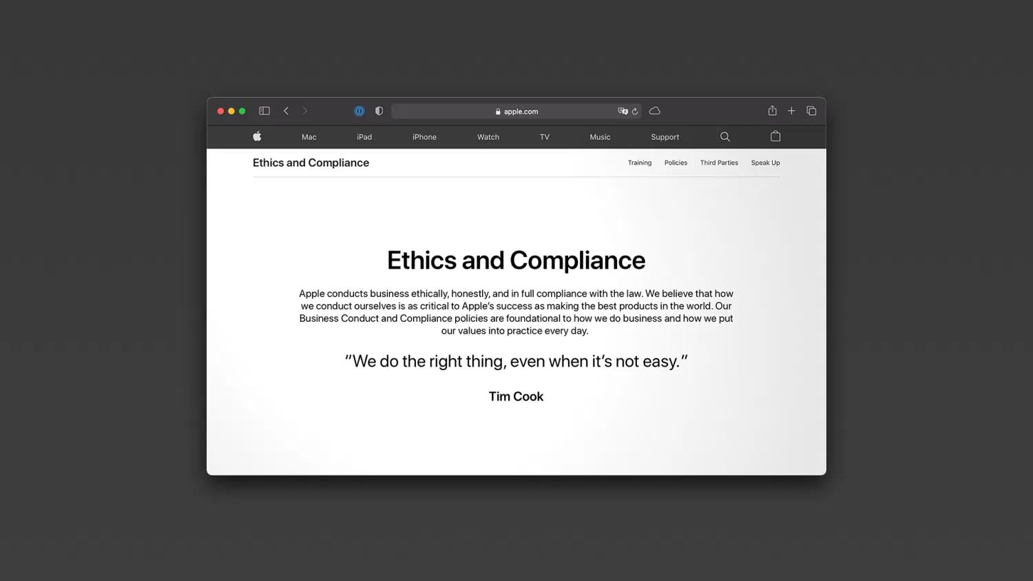 Sul sito web di Apple una sezione dedicata a Etica e Conformità Sul sito web di Apple una sezione dedicata a Etica e Conformità