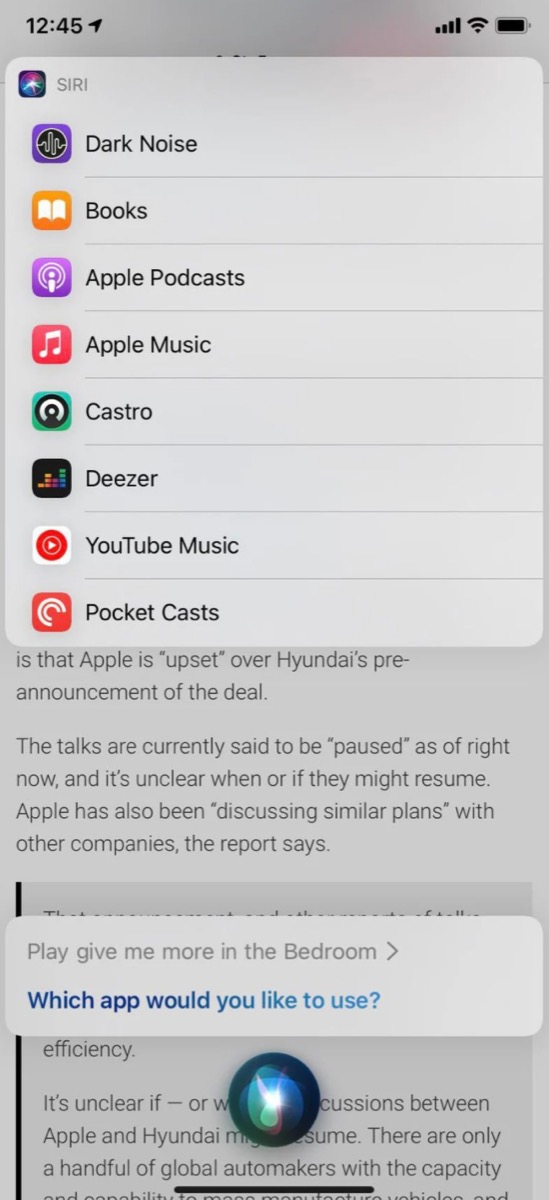 Il pannello che offre la scelta dei servizi musicali in iOS 14.5