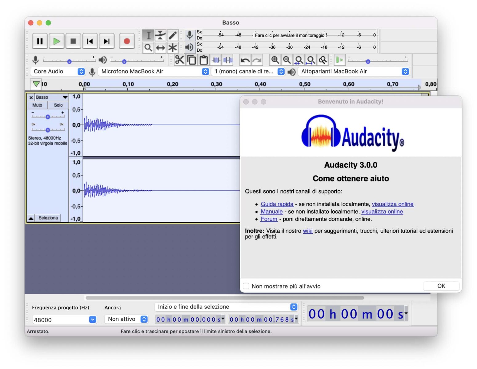 Audacity 3.0 cambia formato di registrazione dei file