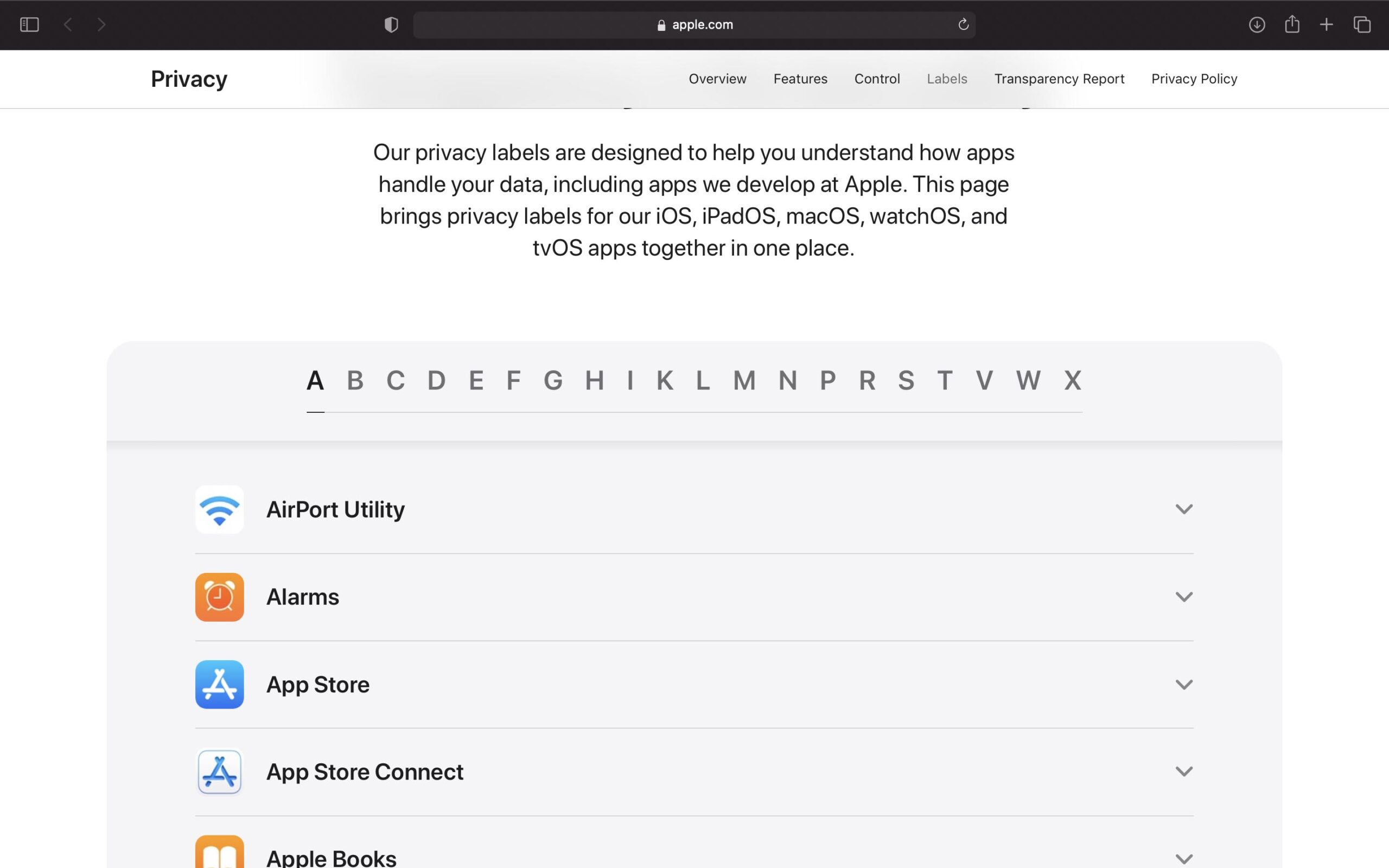 Apple, le etichette sulla privacy delle sue app in un’unica pagina