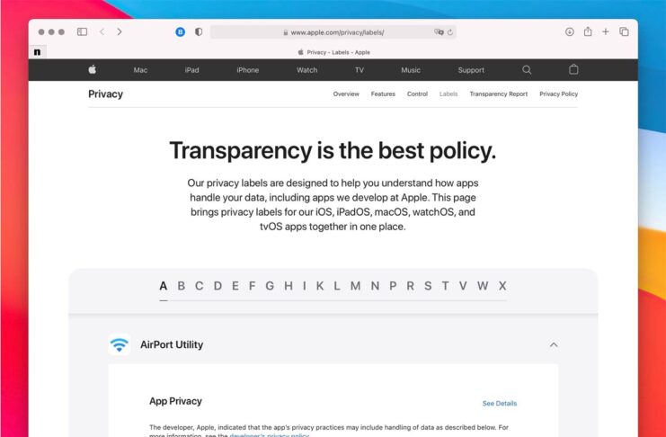 Apple, le etichette sulla privacy delle sue app in un’unica pagina