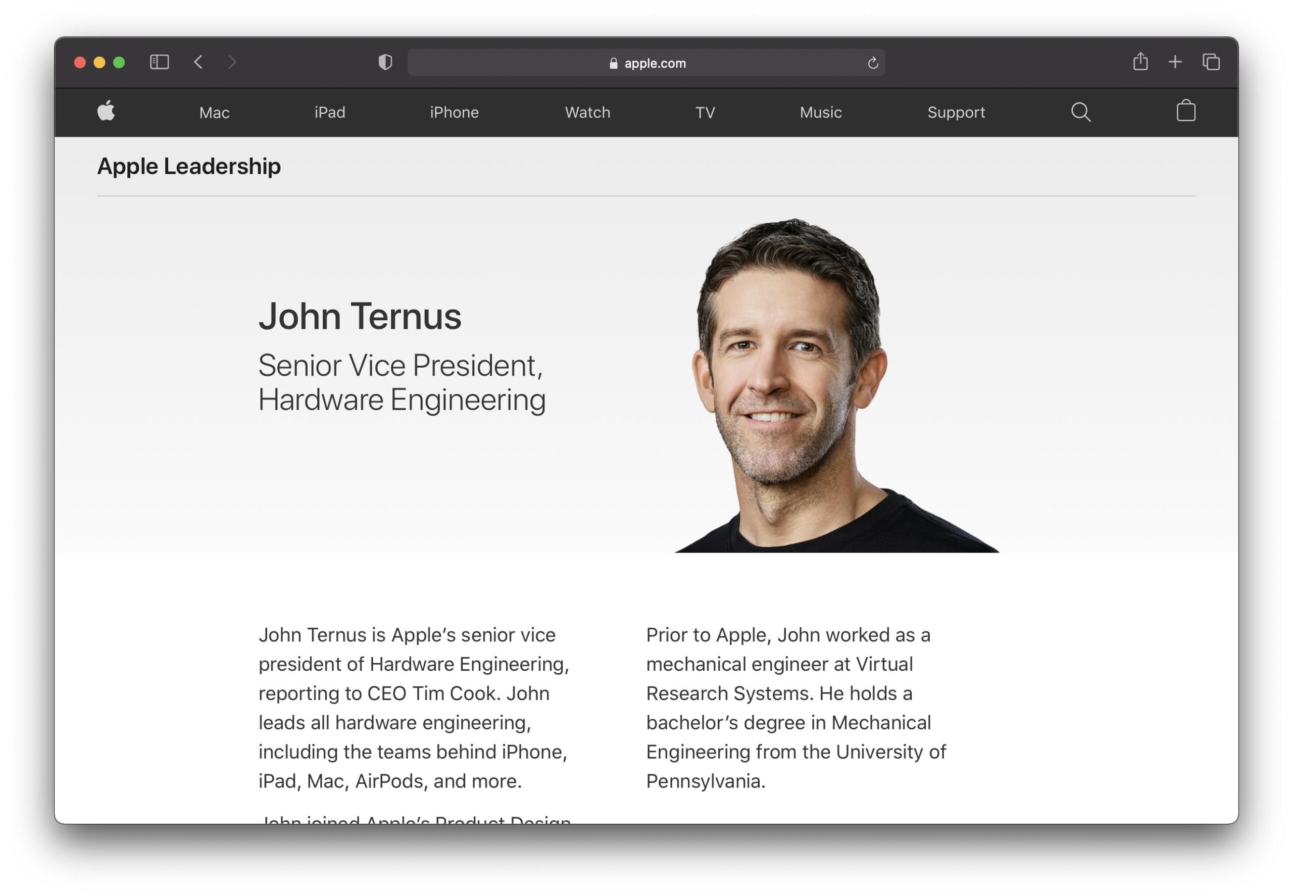 Il vice presidente senior John Ternus nella pagina di Apple dedicata ai dirigenti