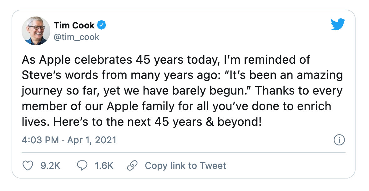 Il messaggio di Tim Cook ai dipendenti per i 45 anni di Apple