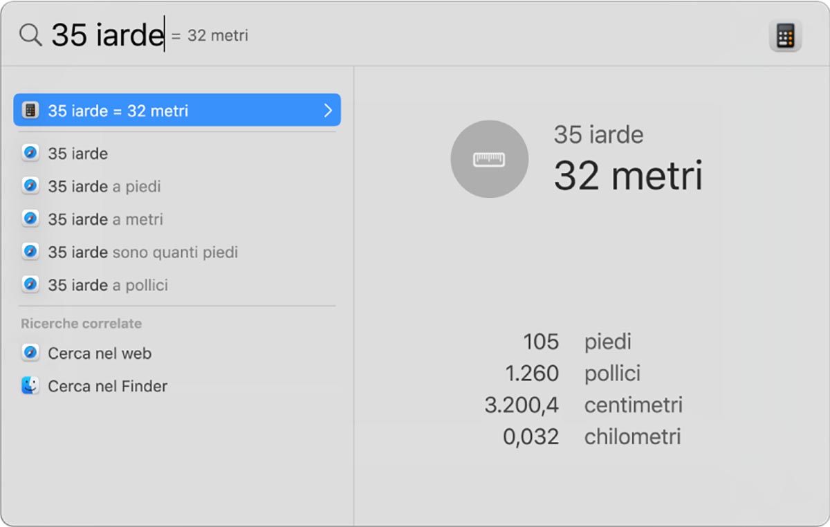Effettuare calcoli e conversioni in Spotlight