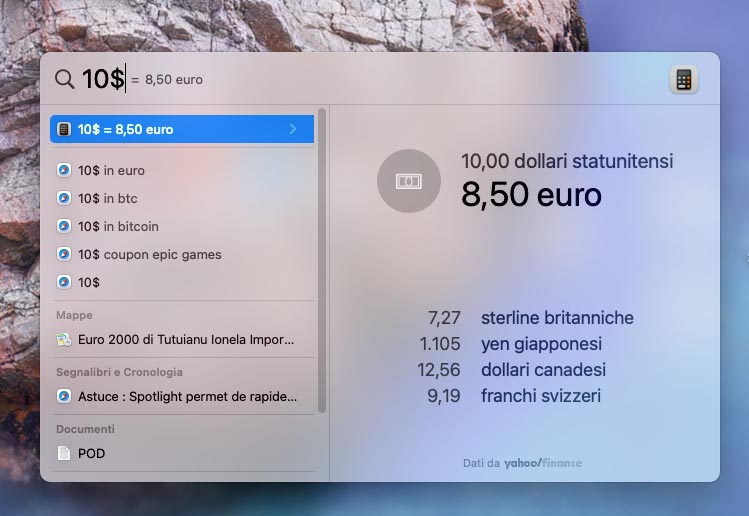 Effettuare calcoli e conversioni in Spotlight