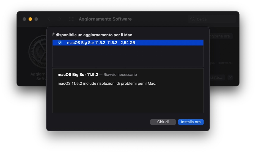 Disponibile aggiornamento a macOS Big Sur 11.5.2