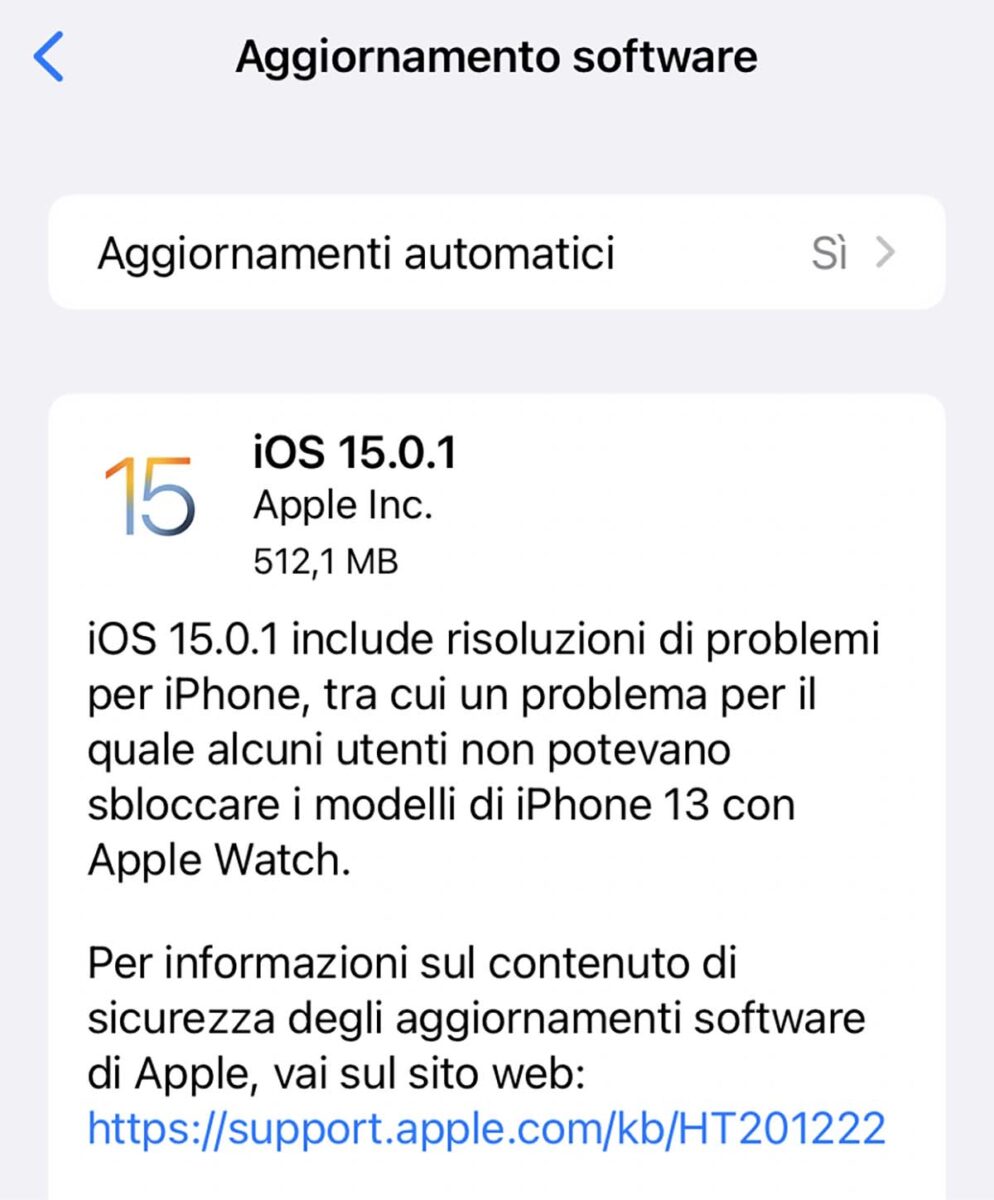 Disponibile aggiornamento a iOS 15.1