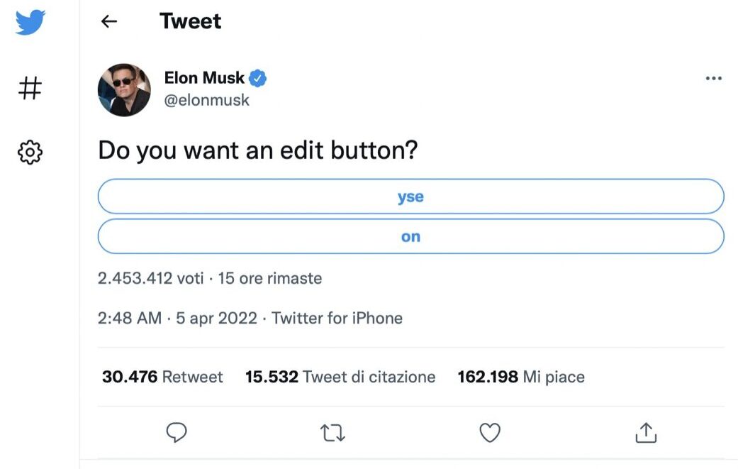 Elon Musk chiede agli utenti Twitter se vogliono un pulsante di modifica