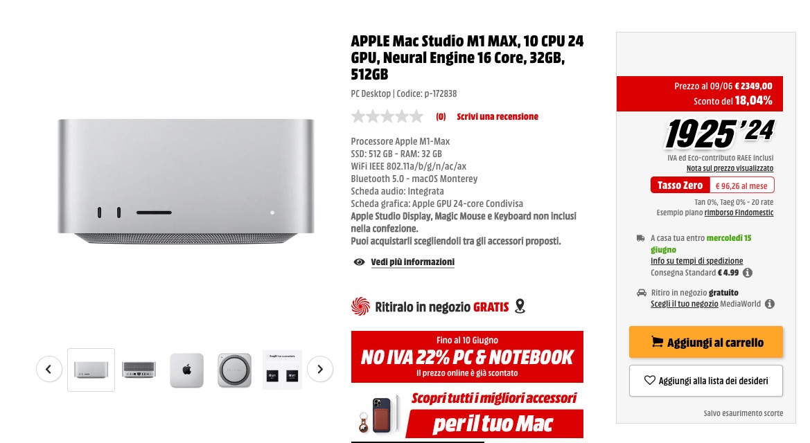 Red Friday su Mediaworld, Mac Studio scontato del 18%